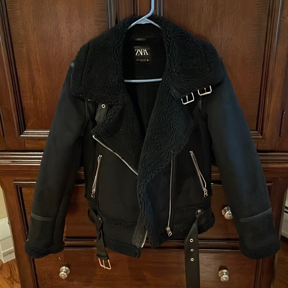 Zara Double-Faced Shearling Moto Jacket Size XS